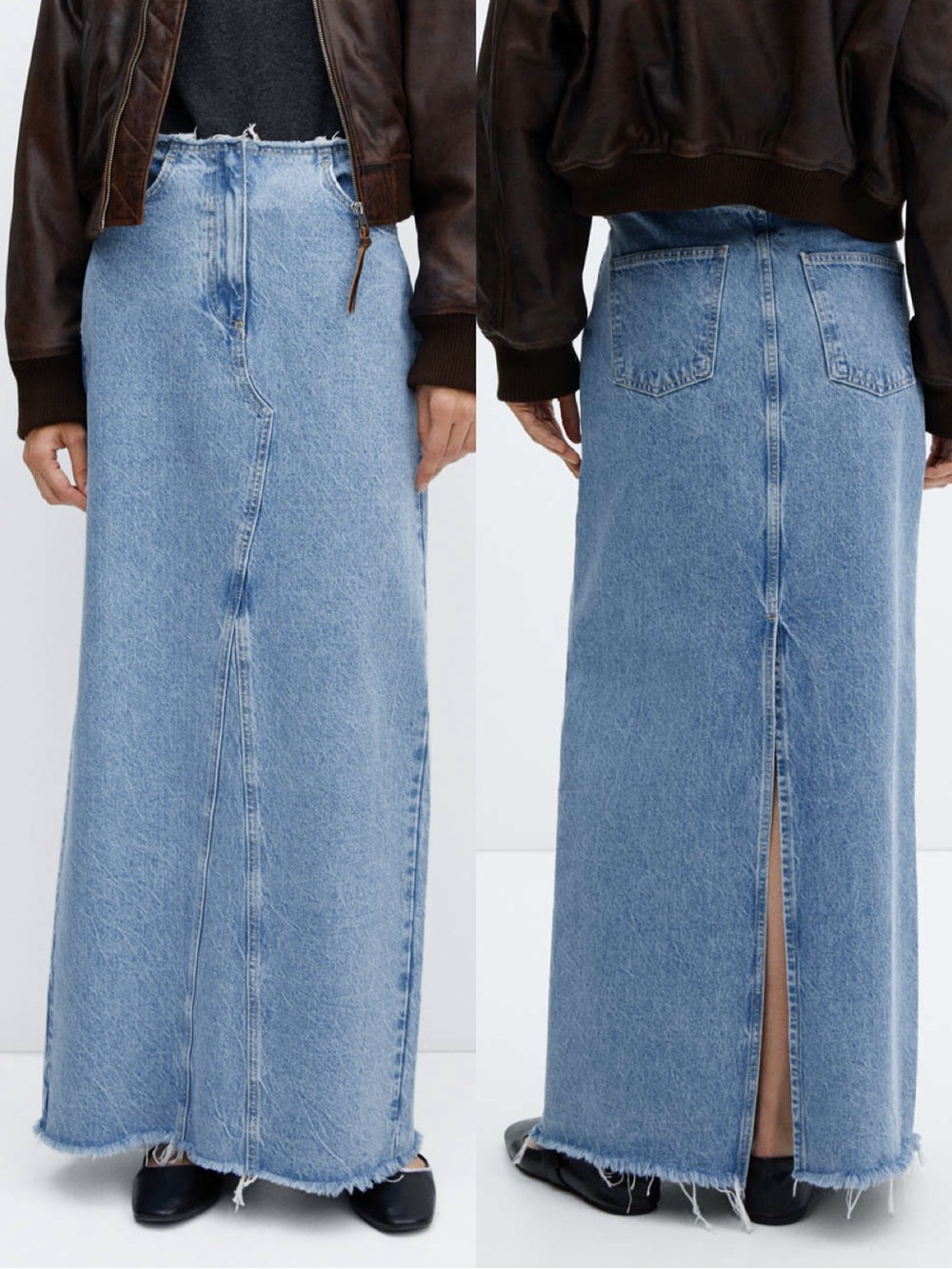 Mango Blue Denim Frayed Hem Back Slit Maxi Skirt Sz S